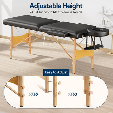 Massage Table Portable Wooden Lash Bed 2-Fold Tattoo Bed, Black