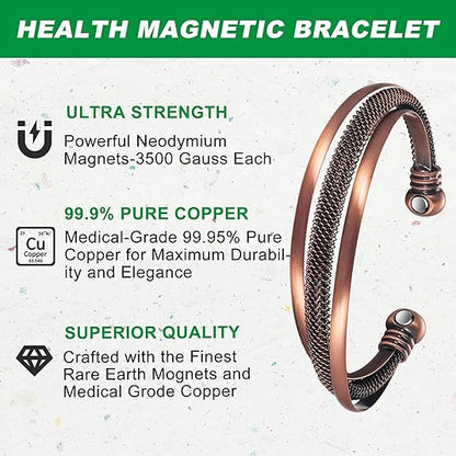 Wollet Copper Magnetic Bracelet for Women Copper Bracelets Adjustable Pure Copper Cuff Bracelet with Magnet Jewelry Gift