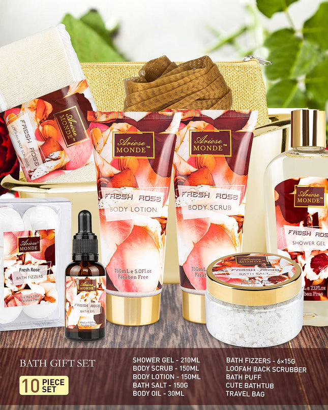 Bath and Body Gift Set for Women & Men, 10 Pcs Spa Gift Basket with Fresh Rose Scent, Includes Shower Gel, Bubble Bath, Body Lotion and Scrub, Bath Salt, Bath Bombs, Bath Puff, Bath Oil