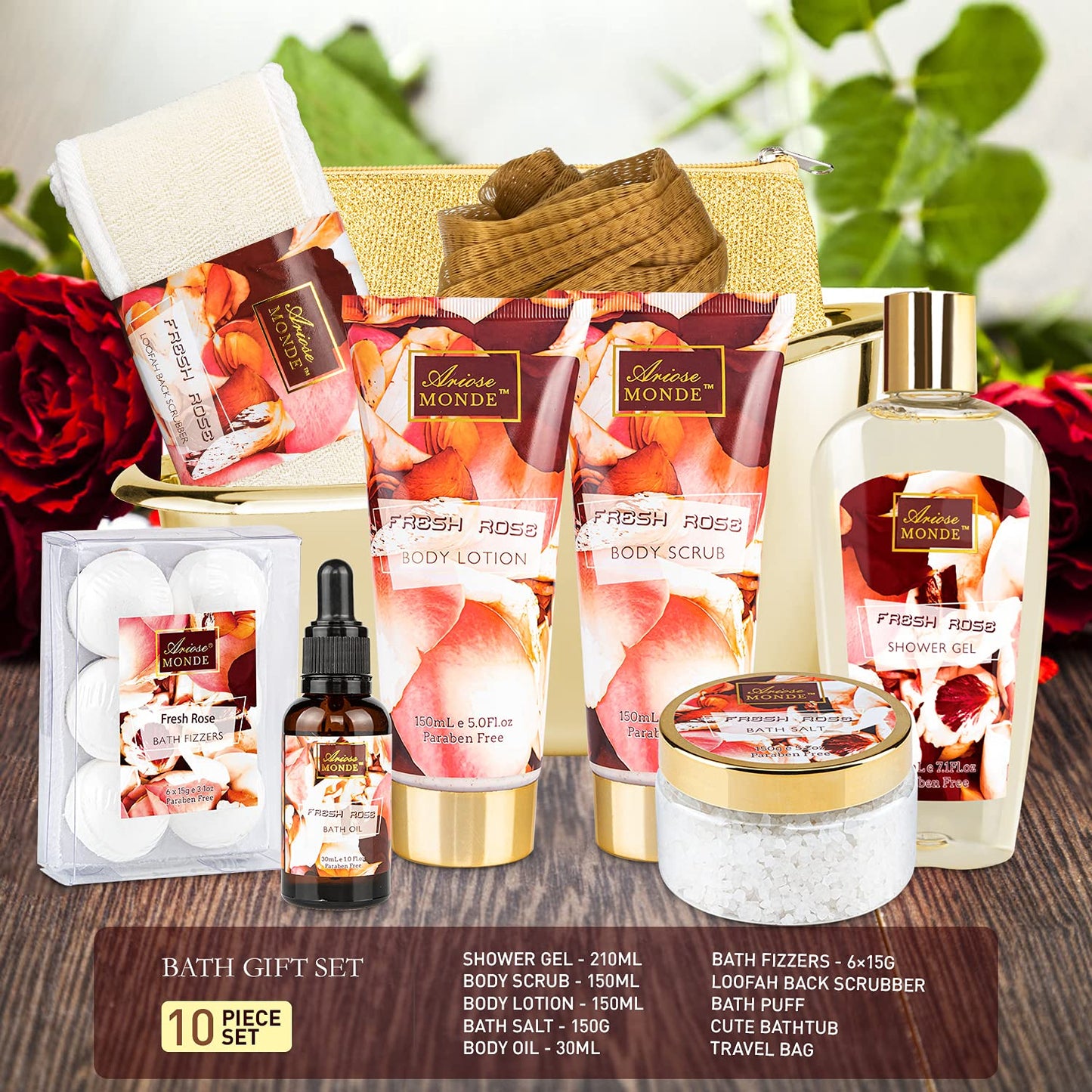 Bath and Body Gift Set for Women & Men, 10 Pcs Spa Gift Basket with Fresh Rose Scent, Includes Shower Gel, Bubble Bath, Body Lotion and Scrub, Bath Salt, Bath Bombs, Bath Puff, Bath Oil