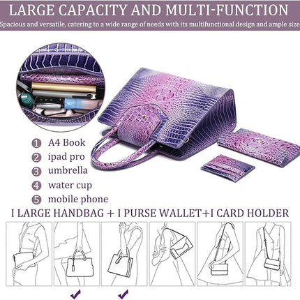 Women Embossed Pattern Satchel Handbags Wallet 3 pcs Set Crossbody Tote Top Handle Vegan Leather Ladies Bag