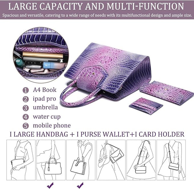 Women Embossed Pattern Satchel Handbags Wallet 3 pcs Set Crossbody Tote Top Handle Vegan Leather Ladies Bag