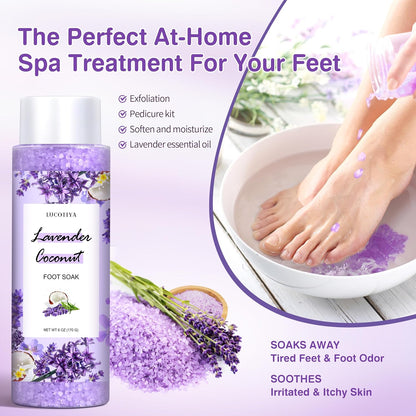 Lavender Foot Soak Set - Salts, Foot File, Scrub & Urea Cream Pedicure Supplies for Dry, Cracked Feet - Women's Spa Kit