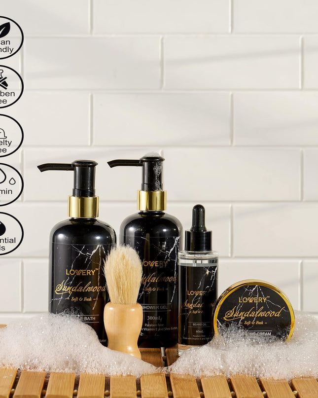 Bath Gift Baskets for Men, Boyfriend, Him, Dad, Sandalwood Mens Grooming Kit, Birthday Gifts for Men, Bath and Body Self Care with Bubble Bath, Beard Brush and More, Beard Care and Spa Set