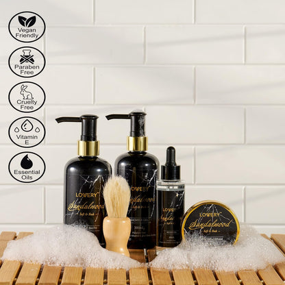 Bath Gift Baskets for Men, Boyfriend, Him, Dad, Sandalwood Mens Grooming Kit, Birthday Gifts for Men, Bath and Body Self Care with Bubble Bath, Beard Brush and More, Beard Care and Spa Set