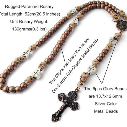Large and Heavy Antique Bronze Metal Beads Rugged Durable Paracord Rosary Necklace with St.Michael Center Piece and Pardon Crucifix for Men