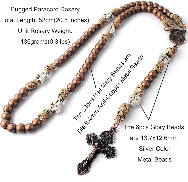 Large and Heavy Antique Bronze Metal Beads Rugged Durable Paracord Rosary Necklace with St.Michael Center Piece and Pardon Crucifix for Men