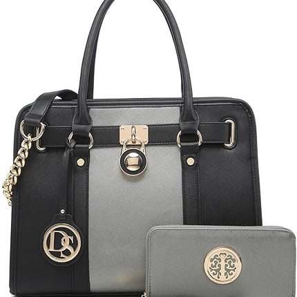 Dasein Two Tone Satchel Handbags Purses for Women Vegan Leather Shoulder Bags Large Tote Bag with Matching Wallet/Chain Strap