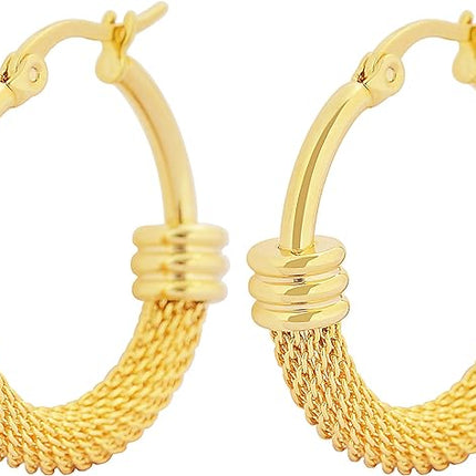 Edforce Women's Stainless Steel Half Hoop Half Mesh Link Hoop Earrings (28mm-40mm)