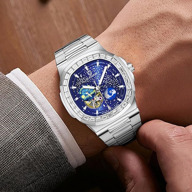 Automatic Tourbillon Watches for Men, Square Skeleton Watch Stainless Steel Self-Winding Mechanical Watch Wrist Watch