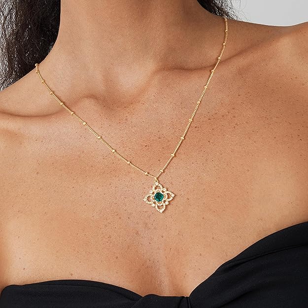 Fettero Layered Gold Necklaces for Women Dainty Necklace 14K Gold Plated Layered Necklaces Trendy Charm Floral Clover Pendant Necklace Stack Necklace Jewelry Set for Engagement Birthday