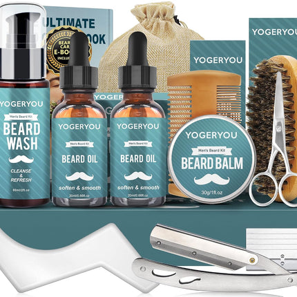Beard Kit for Men Grooming Gift Set with Straight Razor, Shaping Tool & Oil