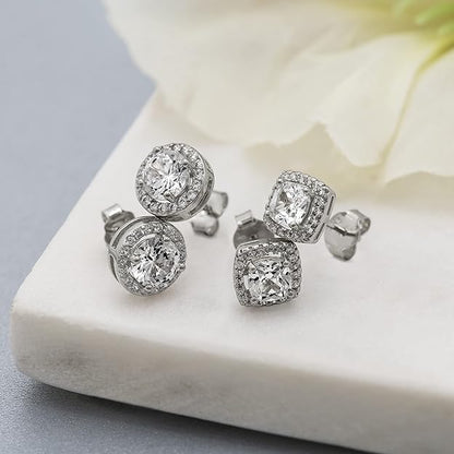 Lesa Michele 925 Sterling Silver Cushion & Round Shaped Cubic Zirconia Halo Stud Earrings for Women 2 Pair Earring Set