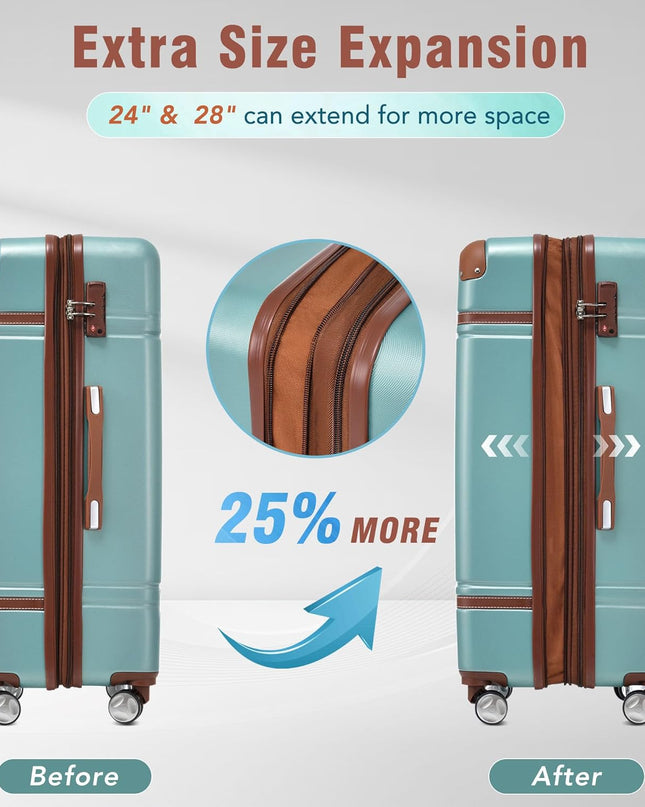 Merax Luggage Set, 3 Piece Luggage with Cosmetic Case, Vintage Hardcase Suitcase with Wheels, Expandable Luggage Airline Approved(Blue Green,20"+24"+28")