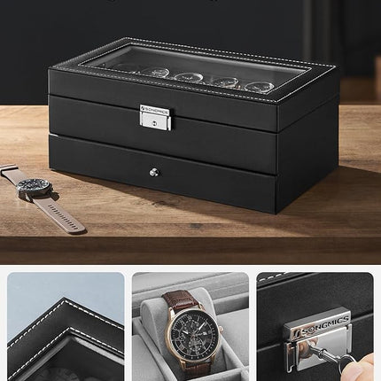 SONGMICS 12-Slot Watch Box, Lockable Watch Case with Glass Lid, 2 Layers, with 1 Drawer for Rings, Bracelets,Christmas Gift, Black Synthetic Leather, Gray Lining UJWB012