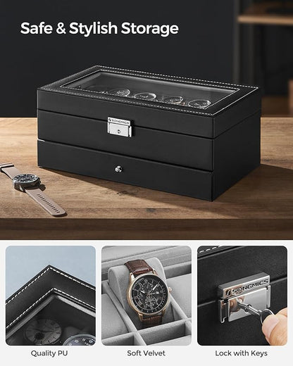 SONGMICS 12-Slot Watch Box, Lockable Watch Case with Glass Lid, 2 Layers, with 1 Drawer for Rings, Bracelets,Christmas Gift, Black Synthetic Leather, Gray Lining UJWB012