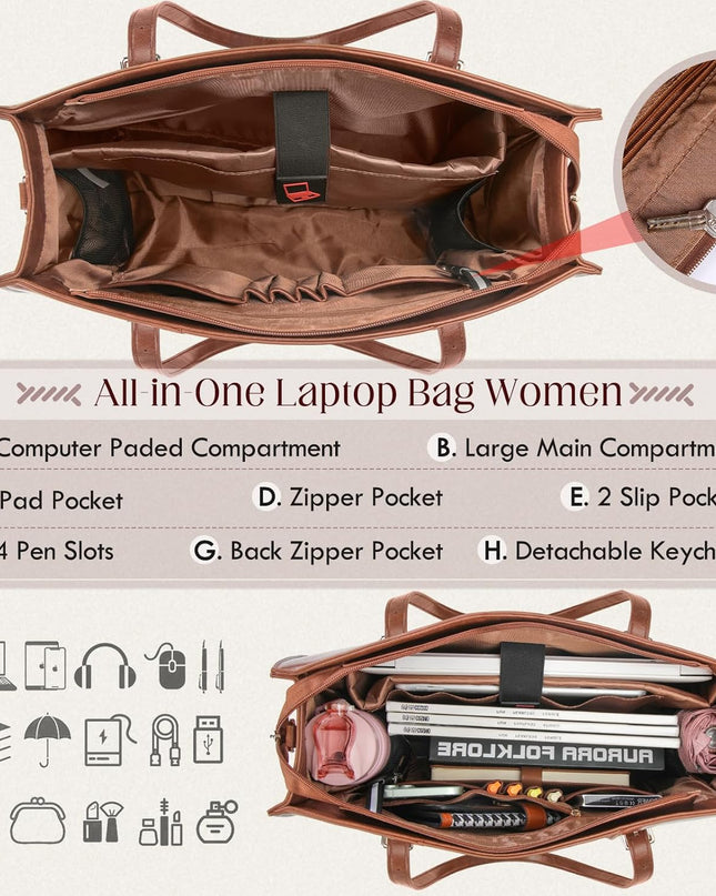 RAINSMORE Laptop Bag for Women 15.6 inch Leather Waterproof Computer Work Bags Large Laptop Tote Bag Professional Business Office Briefcase Women Lightweight Shoulder Handbags, Brown