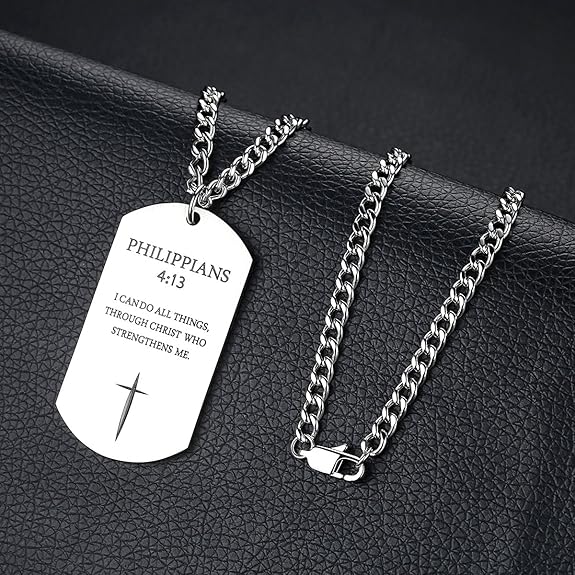 REVEMCN Black Silver Stainless Steel Bible Verse Cross Dog Tag Pendant Necklace for Men, 24-28 Inches Chain