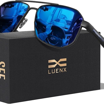 LUENX Aviator Sunglasses for Men Square Polarized Polygon Lens - UV 400 Protection with Accessories 61MM Driving Outdoor