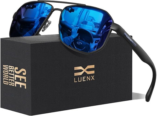 LUENX Aviator Sunglasses for Men Square Polarized Polygon Lens - UV 400 Protection with Accessories 61MM Driving Outdoor