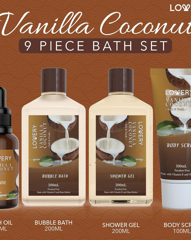 Bath and Body Gift Basket For Women and Men – 9 Piece Set of Vanilla Coconut Home Spa Set, Includes Fragrant Lotions, Extra Large Bath Bombs, Coconut Oil, Luxurious Bath Towel & More
