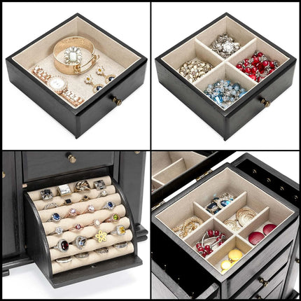 Emfogo Jewelry Box for Women, Rustic Wooden Jewelry Boxes & Organizers with Mirror, 4 Layer Jewelry Organizer Box Display for Rings Earrings Necklaces Bracelets (Black)