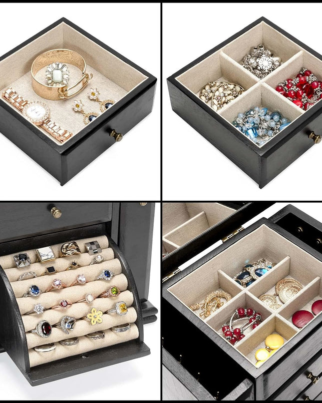 Emfogo Jewelry Box for Women, Rustic Wooden Jewelry Boxes & Organizers with Mirror, 4 Layer Jewelry Organizer Box Display for Rings Earrings Necklaces Bracelets (Black)