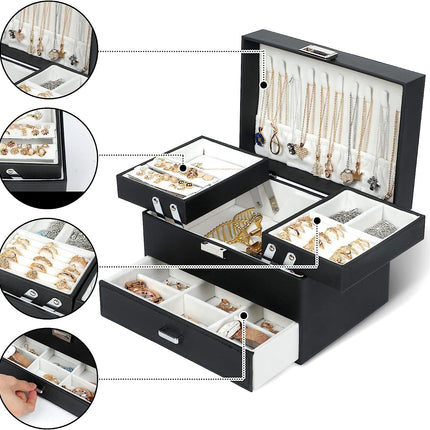 Dajasan Jewelry Boxes for Women Girls, Jewelry Organizer Box, 3 Layers Jewelry Storage Organizer for Earring, Ring, Necklace, Bracelets (Black)