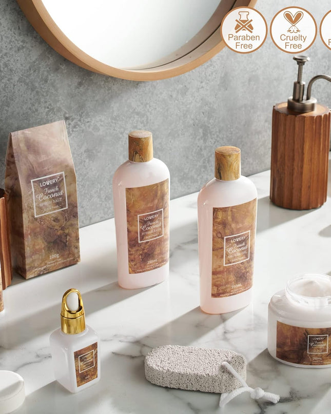 French Coconut Christmas Gift Baskets, Stress Relief Gifts, Gift Basket for Women & Men, Care Package Thank You Spa Gift Baskets for Women, Pumice Stone, Bubble Bath, Epsom Salt, Massage Roller More