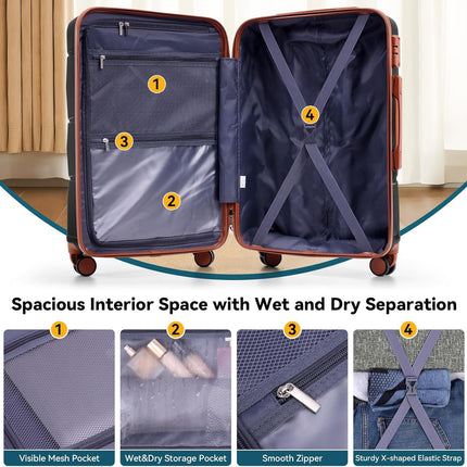 Hoteel Luggage Set 3 Piece, 4-Yr Warranty Wet & Dry Separation ABS Hardshell Suitcase with Spinner Wheels TSA Lock, Lightweight Travel Carry on Luggages for Business, Black(20/24/28)