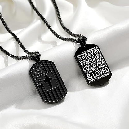 Dog Tag Cross Necklace for Men Boys, 24 Inches American Flag Stainless Steel Bible Verse Pendant Chain Religious Patriotic Jewelry