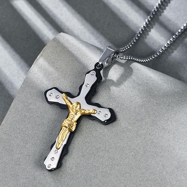 SILBAZ Cross Necklace Stainless Steel Crucifix Pendant Crucifix Necklace Religious Cross Jewelry Birthday Gift for Men Women