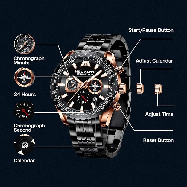 MEGALITH Mens Watches Stainless Steel Waterproof Analog Quartz Fashion Business Casual Chronograph Watch for Men, Auto Date