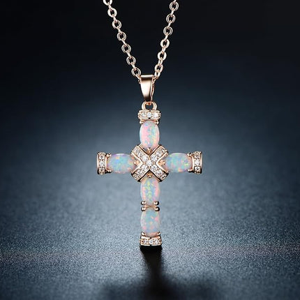 Barzel Rose Gold & White Gold Plated Created Opal Cross Chain With Pendant