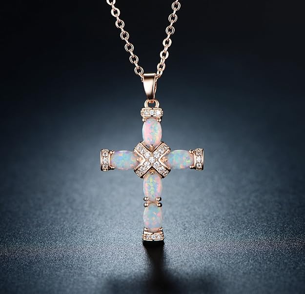 Barzel Rose Gold & White Gold Plated Created Opal Cross Chain With Pendant