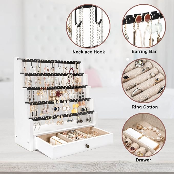 Pinzoveco Earring Organizer, 5 Layer Earring Holder Organizer with Necklace Holder Pole, Rustic Wood Jewelry Organizer Stand Display for Stud Earring Bracelet Necklace Ring, 175 Earring Holes