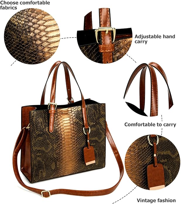 KingTo Women's Crocodile Pattern Satchel Handbags Stylish Tote Handbags crocodile purses for women 3 Pcs Set