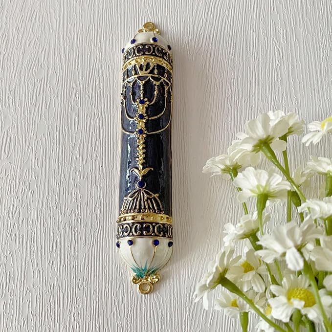 Mezuzah, Exquisite Black and Gold Enamel Mezuzah with Blue Crystal Accent