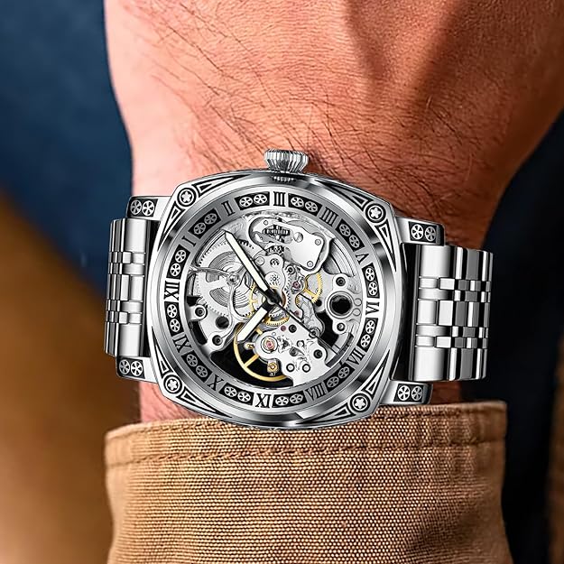 Carved Automatic Watches for Men, Retro Tattoo Skeleton Self-Winding Mechanical Watch Men's Automatic - 3 ATM Waterproof, Luminous Hands, Skeleton Dial, Ideal for Everyday Wear and Formal Occasions