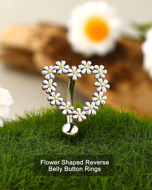 Melighting 14G Belly Button Rings Reverse Belly Rings Stainless Steel 316L Flower Belly Piercing