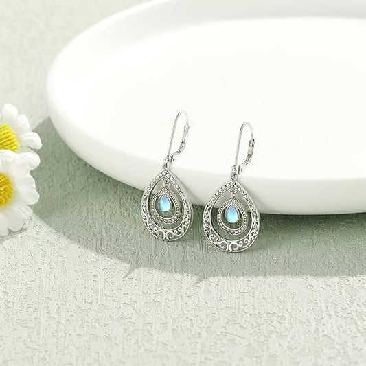 Moonstone Earrings 925 Sterling Silver Filigree Leverback Dangle Drop Bohemian Moonstone Jewelry Gift for Women Girls