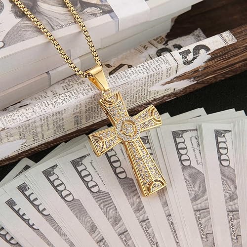 AsAlways 18k Gold Plated Hollow-out Cross Chain Pendant Stainless Steel Inlay CZ Hip-hop Charm Necklace Jewelry Gift