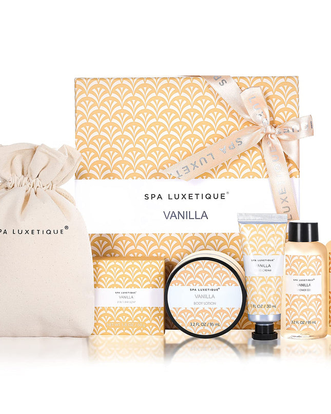 Spa Luxetique Spa Gifts for Women 6pc Vanilla Bath Sets Women Gift With Body Lotion, Shower Gel, Bubble Bath, Hand Cream, Bath and Body Gifts Set, Christmas Gifts