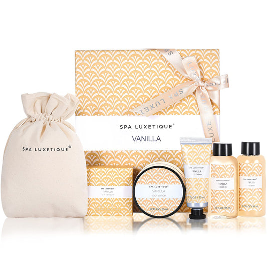 Spa Luxetique Spa Gifts for Women 6pc Vanilla Bath Sets Women Gift With Body Lotion, Shower Gel, Bubble Bath, Hand Cream, Bath and Body Gifts Set, Christmas Gifts
