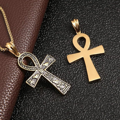 HZMAN Stainless Steel Large Ankh Cross Pendant Ancient Egyptian Hieroglyphic Symbol 22+2 Inch Chain