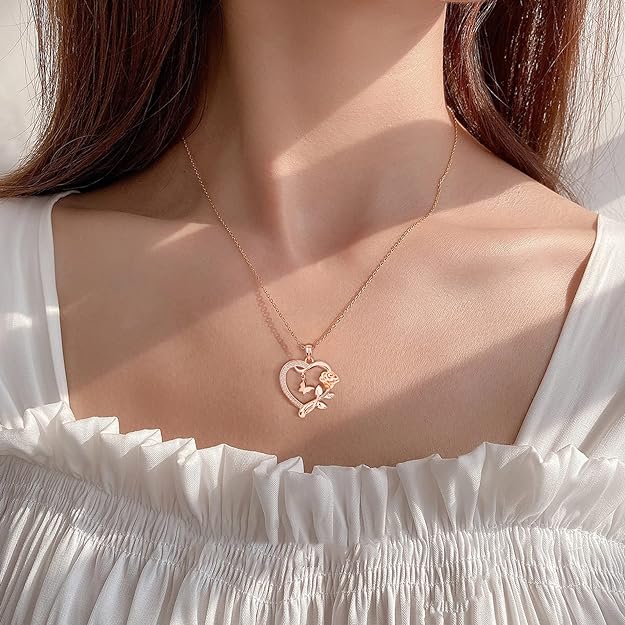 Heart Necklace for Women Sterling Silver/14k Gold Plated/Rose Gold CZ Romantic Rose and Butterfly Jewelry for women Birthday Valentine's Day Gift for Girls