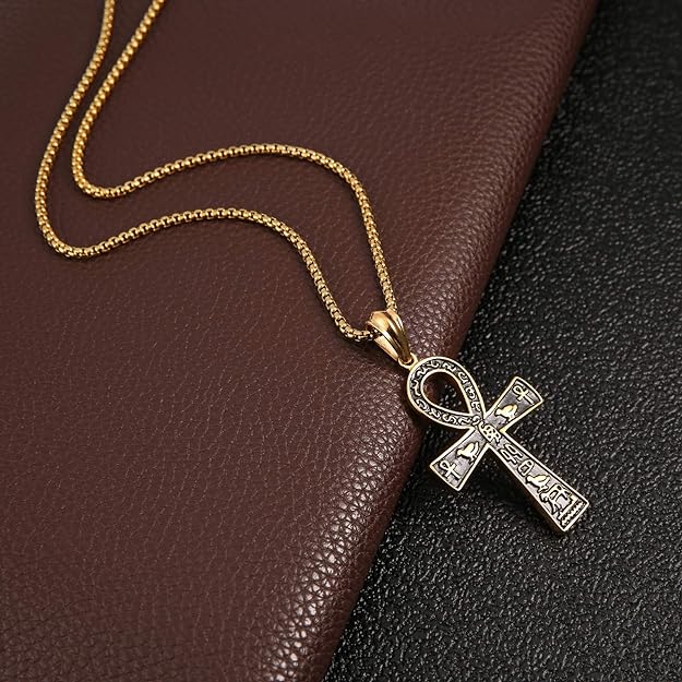 HZMAN Stainless Steel Large Ankh Cross Pendant Ancient Egyptian Hieroglyphic Symbol 22+2 Inch Chain