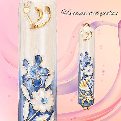 Matashi Hand Painted Blue and Ivory Enamel Flower Mezuzah Embellished with Gold Accents and Crystals Home Door Wall Decor Housewarming Present Gift for Festival(5.5 inch)