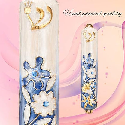 Matashi Hand Painted Blue and Ivory Enamel Flower Mezuzah Embellished with Gold Accents and Crystals Home Door Wall Decor Housewarming Present Gift for Festival(5.5 inch)