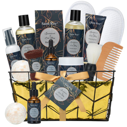 Spa Gift Basket for Men, Body Wash Men, 13pcs Sandalwood & Oak Moss Bath and Beard Kit for Men with Shower Gel, Body Lotion, Bubble Bath, Beard Brush, Bread Comb Spa Kits for Man dad Fathers Day